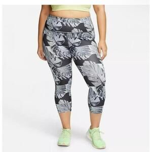 NIKE Dri Fit Palm Leaf Print 7/8 Leggings Back Zip Pocket Black & Gray 1X